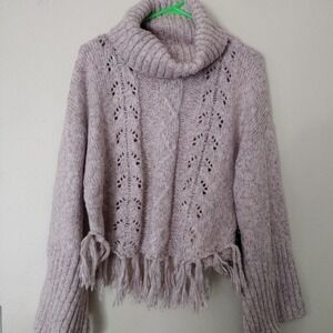 Venus Womens M Medium Knit Pullover Sweater Turtleneck Fringe Hem Lavender‎